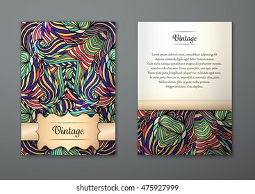 Vintage card with tribal abstract pattern and ornaments. Vector Flyer ethnic design Layout template. Front page and back page. Easy to use and edit.