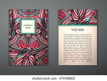 Vintage card with tribal abstract pattern and ornaments. Vector Flyer ethnic design Layout template. Front page and back page. Easy to use and edit.