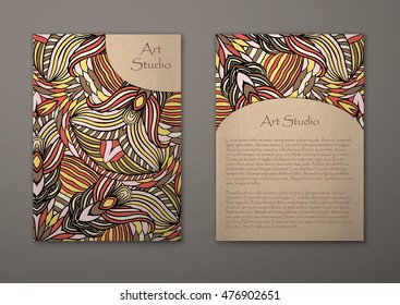Vintage card with tribal abstract pattern and ornaments. Vector Flyer ethnic design Layout template. Front page and back page. Easy to use and edit.