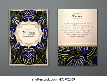 Vintage card with tribal abstract pattern and ornaments. Vector Flyer ethnic design Layout template. Gold frame. Front page and back page. Easy to use and edit.