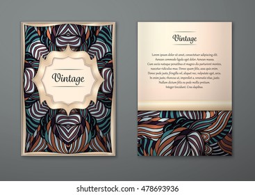 Vintage card with tribal abstract pattern and ornaments. Vector Flyer ethnic design Layout template. Gold frame. Front page and back page. Easy to use and edit.