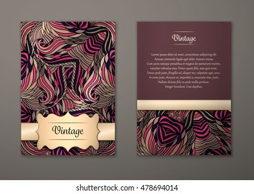 Vintage card with tribal abstract pattern and ornaments. Vector Flyer ethnic design Layout template. Front page and back page. Easy to use and edit.