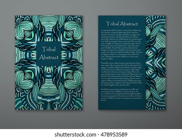 Vintage card with tribal abstract pattern and ornaments. Vector Flyer ethnic design Layout template. Front page and back page. Easy to use and edit.