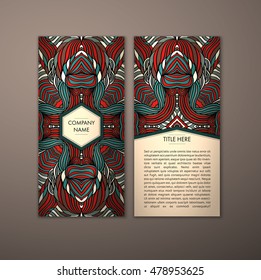 Vintage card with tribal abstract pattern and ornaments. Vector Flyer ethnic design Layout template. Front page and back page. Easy to use and edit.