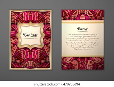 Vintage card with tribal abstract pattern and ornaments. Vector Flyer ethnic design Layout template. Gold frame. Front page and back page. Easy to use and edit.