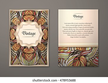 Vintage card with tribal abstract pattern and ornaments. Vector Flyer ethnic design Layout template. Gold frame. Front page and back page. Easy to use and edit.