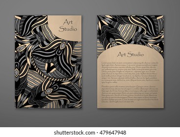 Tarjeta de época con estampado tribal abstracto y adornos. Plantilla de diseño étnico Vector Flyer. Página principal y página posterior. Fácil de usar y editar.
