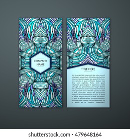 Vintage card with tribal abstract pattern and ornaments. Vector Flyer ethnic design Layout template. Front page and back page. Easy to use and edit.