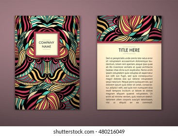Vintage card with tribal abstract pattern and ornaments. Vector Flyer ethnic design Layout template. Front page and back page. Easy to use and edit.