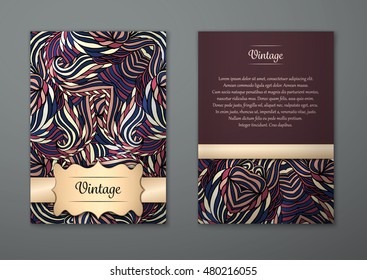Vintage card with tribal abstract pattern and ornaments. Vector Flyer ethnic design Layout template. Front page and back page. Easy to use and edit.