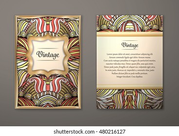 Vintage card with tribal abstract pattern and ornaments. Vector Flyer ethnic design Layout template. Gold frame. Front page and back page. Easy to use and edit.