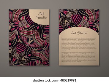 Vintage card with tribal abstract pattern and ornaments. Vector Flyer ethnic design Layout template. Front page and back page. Easy to use and edit.