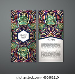 Vintage card with tribal abstract pattern and ornaments. Vector Flyer ethnic design Layout template. Front page and back page. Easy to use and edit.