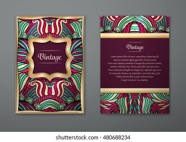 Vintage card with tribal abstract pattern and ornaments. Vector Flyer ethnic design Layout template. Gold frame. Front page and back page. Easy to use and edit.