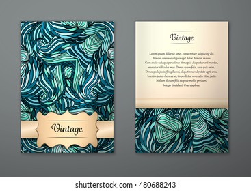 Vintage card with tribal abstract pattern and ornaments. Vector Flyer ethnic design Layout template. Front page and back page. Easy to use and edit.