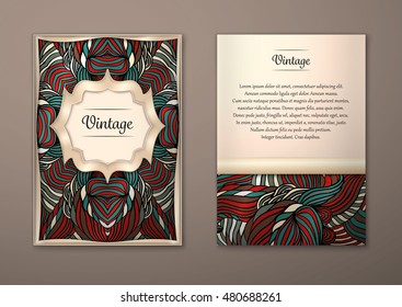 Vintage card with tribal abstract pattern and ornaments. Vector Flyer ethnic design Layout template. Gold frame. Front page and back page. Easy to use and edit.
