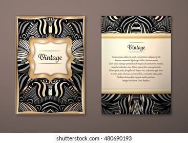 Vintage card with tribal abstract pattern and ornaments. Vector Flyer ethnic design Layout template. Gold frame. Front page and back page. Easy to use and edit.