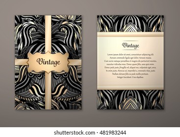 Vintage card with tribal abstract pattern and ornaments. Vector Flyer ethnic design Layout template. Front page and back page. Easy to use and edit.