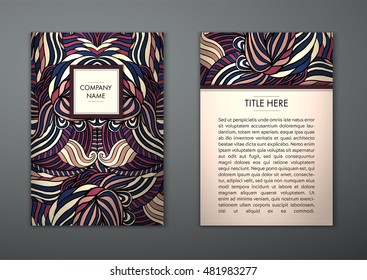 Vintage card with tribal abstract pattern and ornaments. Vector Flyer ethnic design Layout template. Front page and back page. Easy to use and edit.