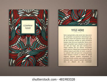 Vintage card with tribal abstract pattern and ornaments. Vector Flyer ethnic design Layout template. Front page and back page. Easy to use and edit.