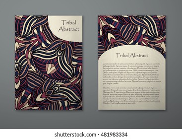 Vintage card with tribal abstract pattern and ornaments. Vector Flyer ethnic design Layout template. Front page and back page. Easy to use and edit.