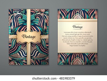 Vintage card with tribal abstract pattern and ornaments. Vector Flyer ethnic design Layout template. Front page and back page. Easy to use and edit.