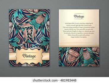 Vintage card with tribal abstract pattern and ornaments. Vector Flyer ethnic design Layout template. Front page and back page. Easy to use and edit.