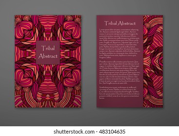 Vintage card with tribal abstract pattern and ornaments. Vector Flyer ethnic design Layout template. Front page and back page. Easy to use and edit.