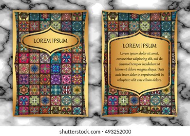 Vintage card with tribal tile patchwork abstract pattern and ornaments. Vector Flyer ethnic design Layout template. Front page and back page. Indian, chinese, moroccan, aztec, ottoman motifs.
