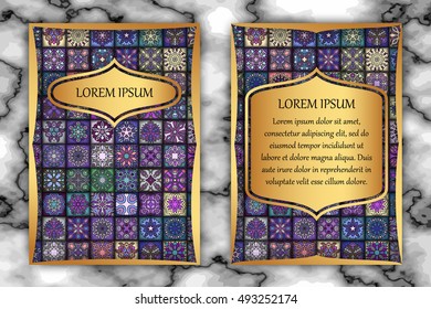 Vintage card with tribal tile patchwork abstract pattern and ornaments. Vector Flyer ethnic design Layout template. Front page and back page. Indian, chinese, moroccan, aztec, ottoman motifs.