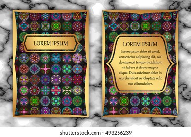 Vintage card with tribal tile patchwork abstract pattern and ornaments. Vector Flyer ethnic design Layout template. Front page and back page. Indian, chinese, moroccan, aztec, ottoman motifs.