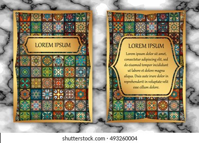 Vintage card with tribal tile patchwork abstract pattern and ornaments. Vector Flyer ethnic design Layout template. Front page and back page. Indian, chinese, moroccan, aztec, ottoman motifs.