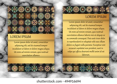 Vintage card with tribal tile patchwork abstract pattern and ornaments. Vector Flyer ethnic design Layout template. Front page and back page. Indian, chinese, moroccan, aztec, ottoman motifs.