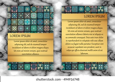 Vintage card with tribal tile patchwork abstract pattern and ornaments. Vector Flyer ethnic design Layout template. Front page and back page. Indian, chinese, moroccan, aztec, ottoman motifs.