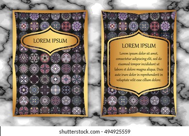 Vintage card with tribal tile patchwork abstract pattern and ornaments. Vector Flyer ethnic design Layout template. Front page and back page. Indian, chinese, moroccan, aztec, ottoman motifs.