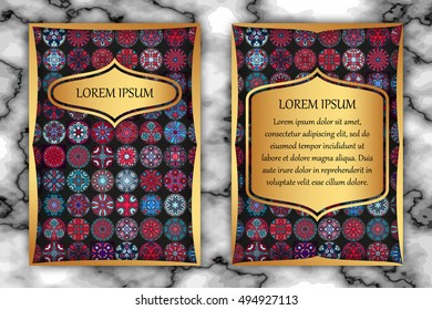 Vintage card with tribal tile patchwork abstract pattern and ornaments. Vector Flyer ethnic design Layout template. Front page and back page. Indian, chinese, moroccan, aztec, ottoman motifs.