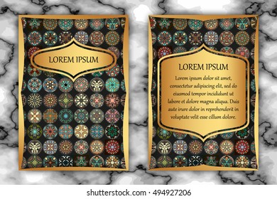 Vintage card with tribal tile patchwork abstract pattern and ornaments. Vector Flyer ethnic design Layout template. Front page and back page. Indian, chinese, moroccan, aztec, ottoman motifs.