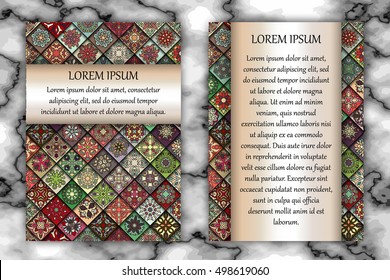Vintage card with tribal tile patchwork abstract pattern and ornaments. Vector Flyer ethnic design Layout template. Front page and back page. Indian, chinese, moroccan, aztec, ottoman motifs.
