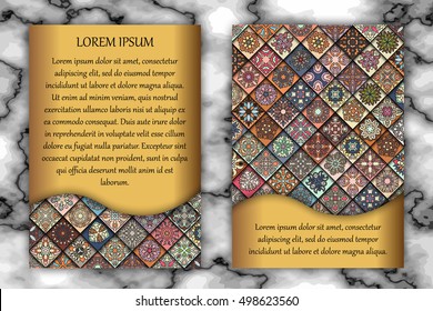 Vintage card with tribal tile patchwork abstract pattern and ornaments. Vector Flyer ethnic design Layout template. Front page and back page. Indian, chinese, moroccan, aztec, ottoman motifs.