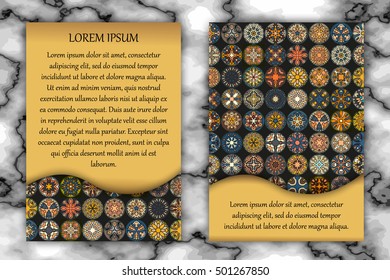 Vintage card with tribal tile patchwork abstract pattern and ornaments. Vector Flyer ethnic design Layout template. Front page and back page. Indian, chinese, moroccan, aztec, ottoman motifs.