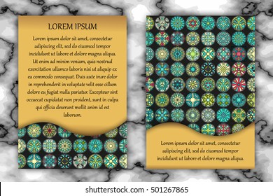 Vintage card with tribal tile patchwork abstract pattern and ornaments. Vector Flyer ethnic design Layout template. Front page and back page. Indian, chinese, moroccan, aztec, ottoman motifs.