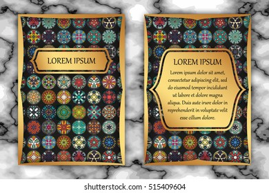 Vintage card with tribal tile patchwork abstract pattern and ornaments. Vector Flyer ethnic design Layout template. Front page and back page. Indian, chinese, moroccan, aztec, ottoman motifs.