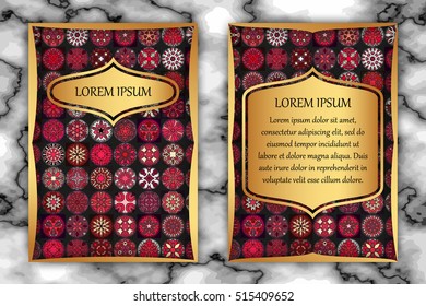 Vintage card with tribal tile patchwork abstract pattern and ornaments. Vector Flyer ethnic design Layout template. Front page and back page. Indian, chinese, moroccan, aztec, ottoman motifs.