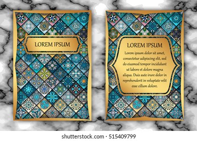 Vintage card with tribal tile patchwork abstract pattern and ornaments. Vector Flyer ethnic design Layout template. Front page and back page. Indian, chinese, moroccan, aztec, ottoman motifs.