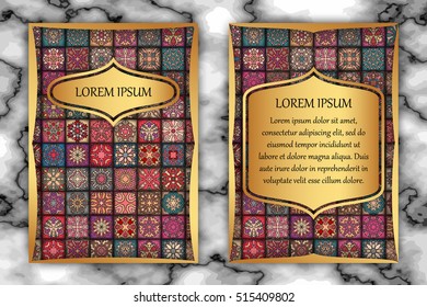 Vintage card with tribal tile patchwork abstract pattern and ornaments. Vector Flyer ethnic design Layout template. Front page and back page. Indian, chinese, moroccan, aztec, ottoman motifs.