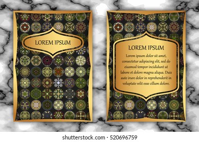 Vintage card with tribal tile patchwork abstract pattern and ornaments. Vector Flyer ethnic design Layout template. Front page and back page. Indian, chinese, moroccan, aztec, ottoman motifs.