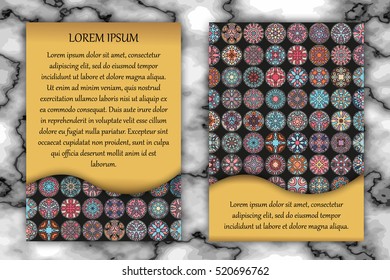 Vintage card with tribal tile patchwork abstract pattern and ornaments. Vector Flyer ethnic design Layout template. Front page and back page. Indian, chinese, moroccan, aztec, ottoman motifs.