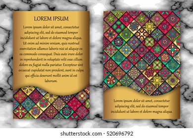 Vintage card with tribal tile patchwork abstract pattern and ornaments. Vector Flyer ethnic design Layout template. Front page and back page. Indian, chinese, moroccan, aztec, ottoman motifs.