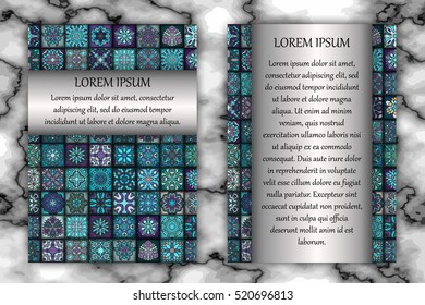 Vintage card with tribal tile patchwork abstract pattern and ornaments. Vector Flyer ethnic design Layout template. Front page and back page. Indian, chinese, moroccan, aztec, ottoman motifs.