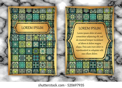 Vintage card with tribal tile patchwork abstract pattern and ornaments. Vector Flyer ethnic design Layout template. Front page and back page. Indian, chinese, moroccan, aztec, ottoman motifs.
